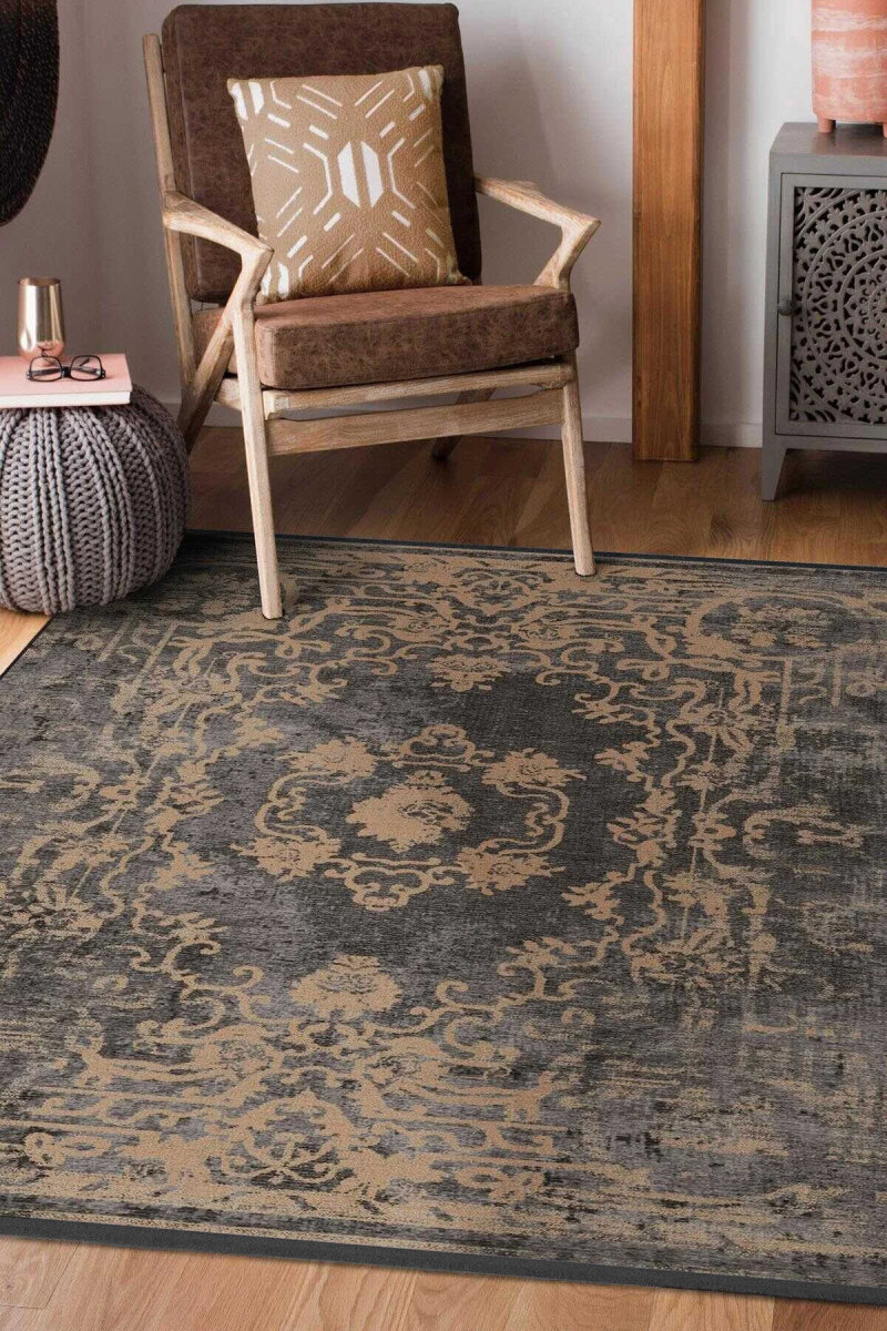 Vintage Desenli Yıkanabilir Pamuk Taban Dekoratif Halı Antrasit 