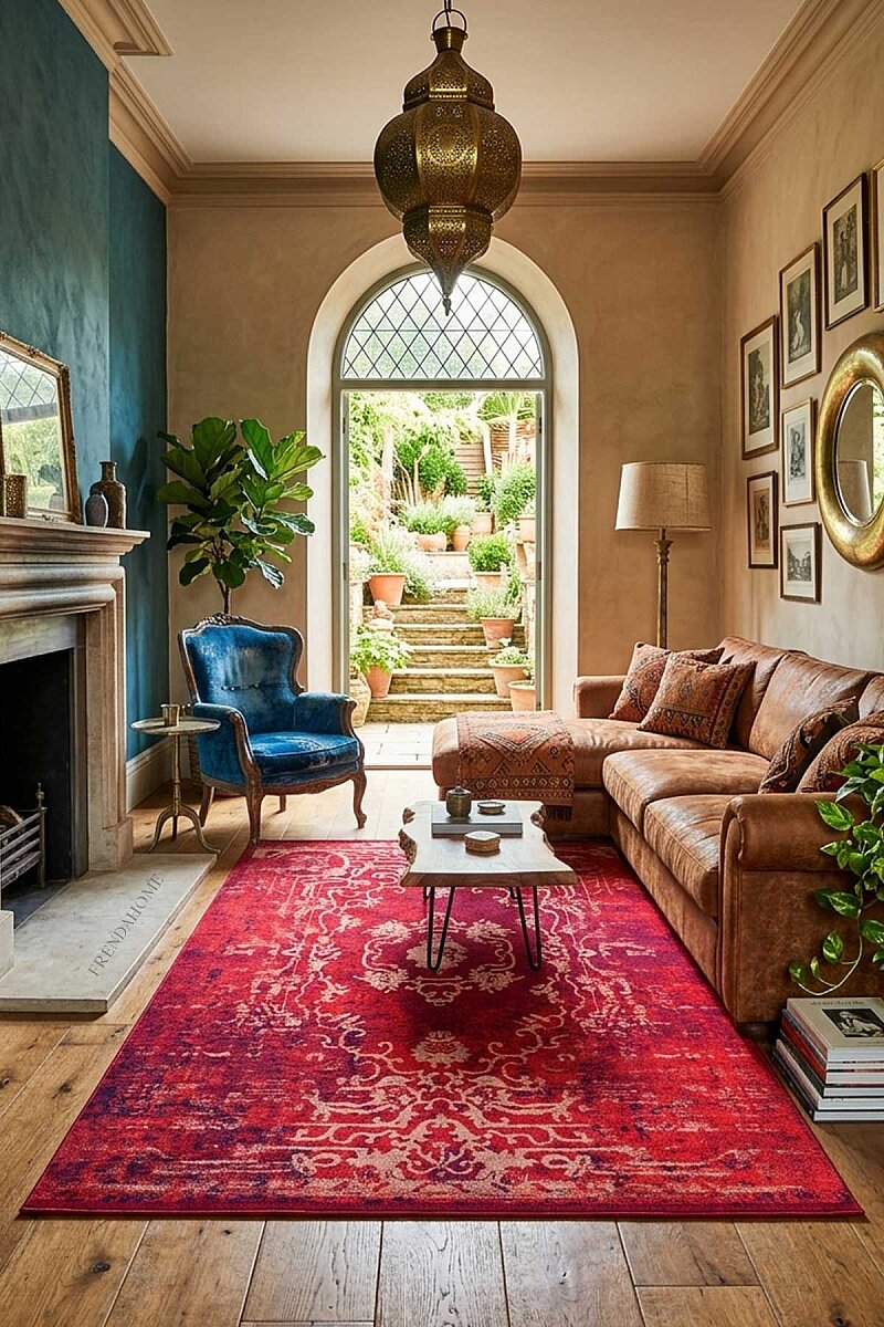 Vintage Desenli Yıkanabilir Pamuk Taban Dekoratif Halı Kırmızı - Frenda