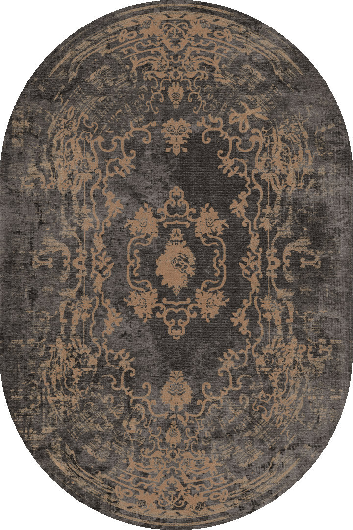 Vintage Desenli Yıkanabilir Pamuk Taban Dekoratif Oval Halı Antrasit - Frenda