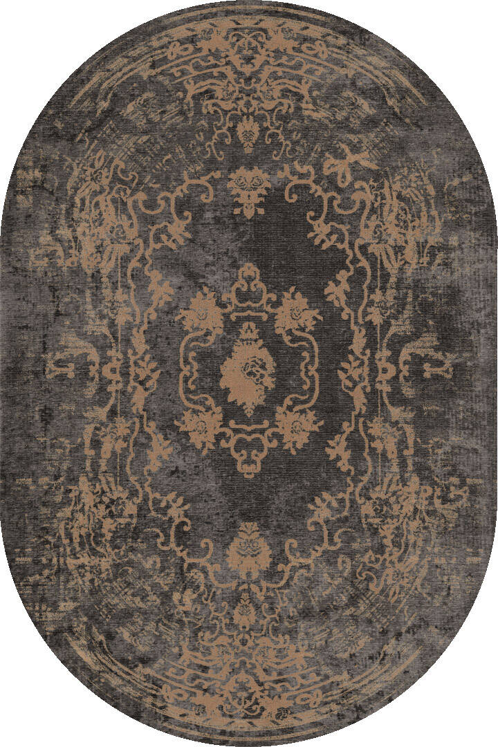 Vintage Desenli Yıkanabilir Pamuk Taban Dekoratif Oval Halı Antrasit - 1