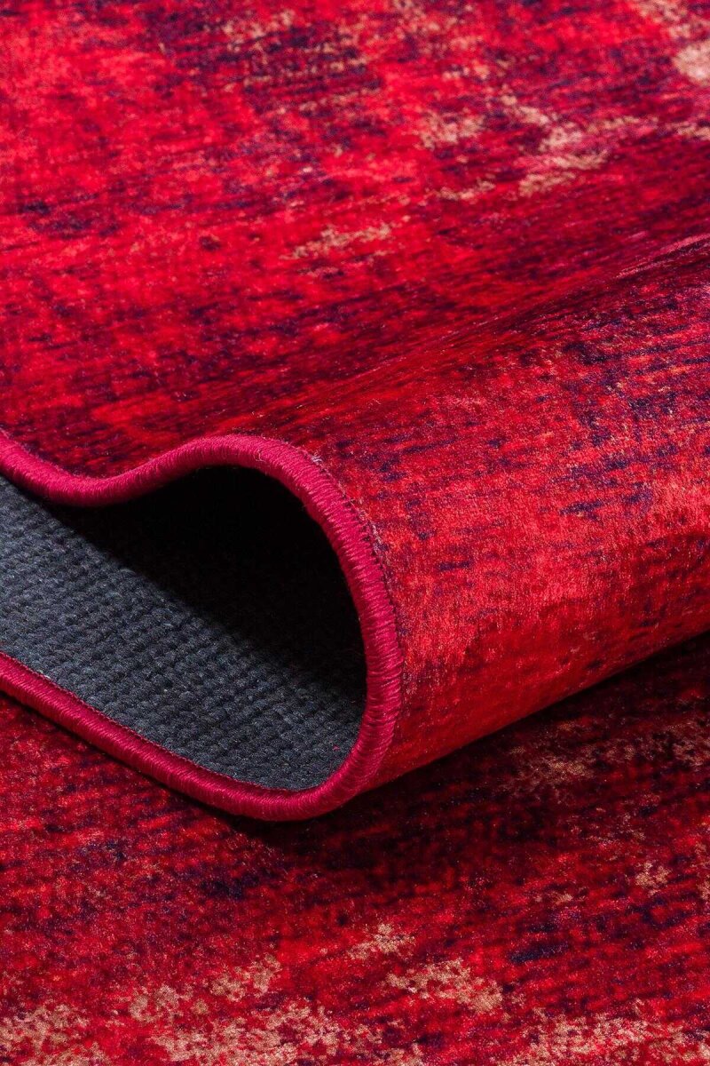 Vintage Desenli Yıkanabilir Pamuk Taban Dekoratif Oval Halı Kırmızı - 3