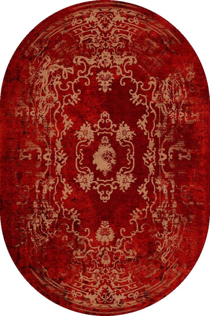 Vintage Desenli Yıkanabilir Pamuk Taban Dekoratif Oval Halı Kırmızı - Frenda