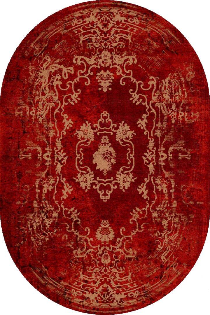 Vintage Desenli Yıkanabilir Pamuk Taban Dekoratif Oval Halı Kırmızı - 1