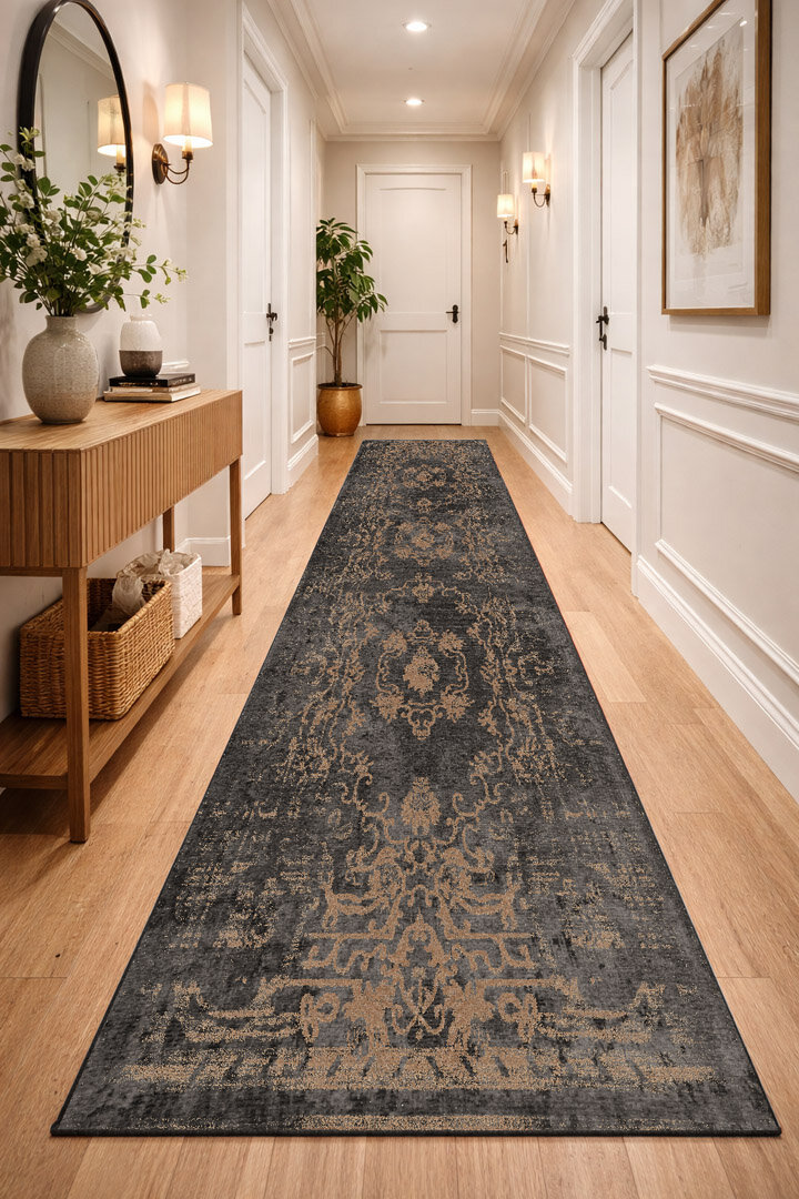 Vintage Desenli Yıkanabilir Pamuk Taban Dekoratif Yolluk Halı Antrasit - Frenda