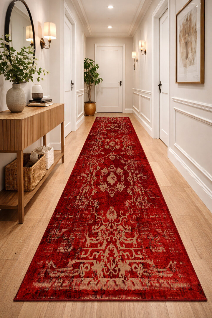 Vintage Desenli Yıkanabilir Pamuk Taban Dekoratif Yolluk Halı Kırmızı - Frenda