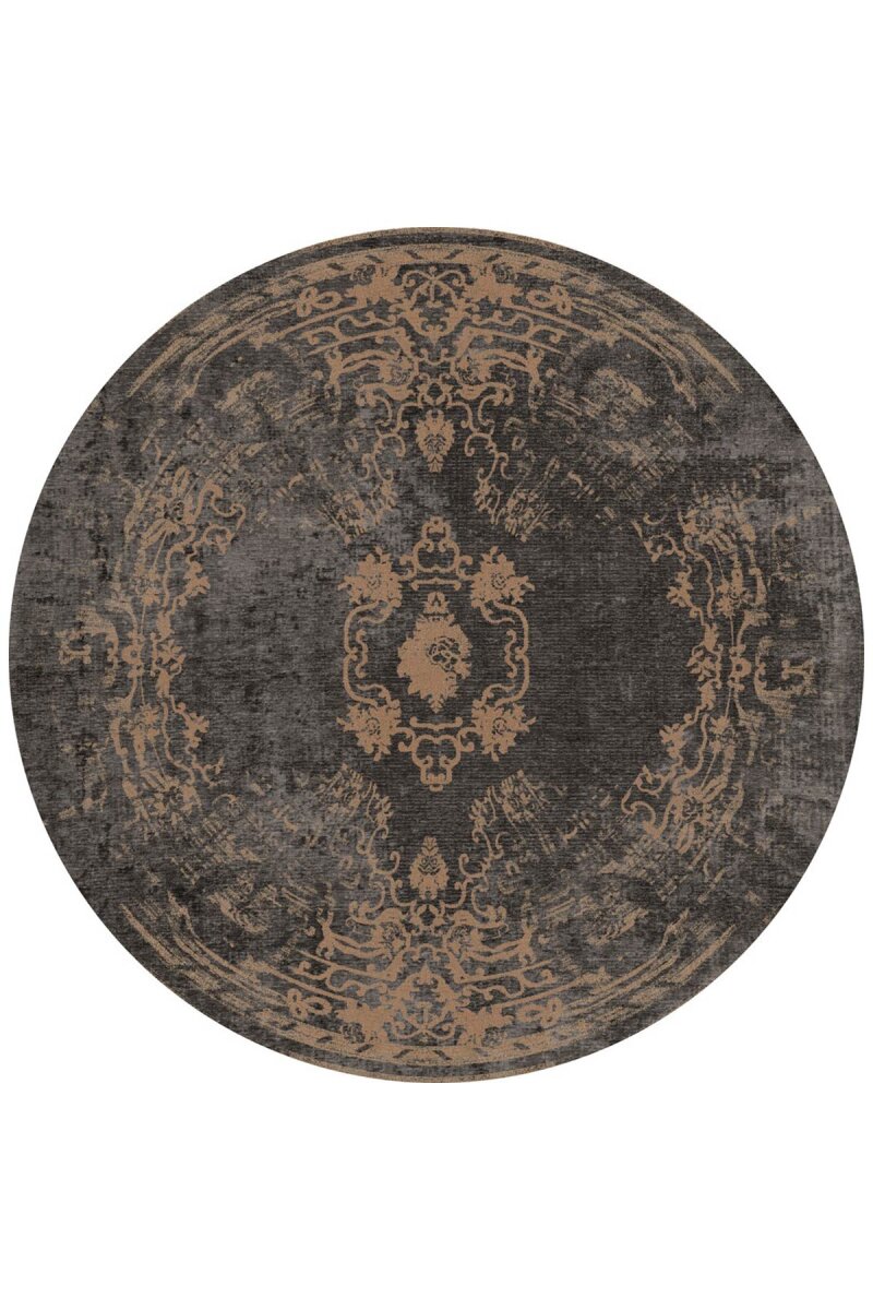 Vintage Desenli Yıkanabilir Pamuk Taban Dekoratif Yuvarlak Halı Antrasit - Frenda