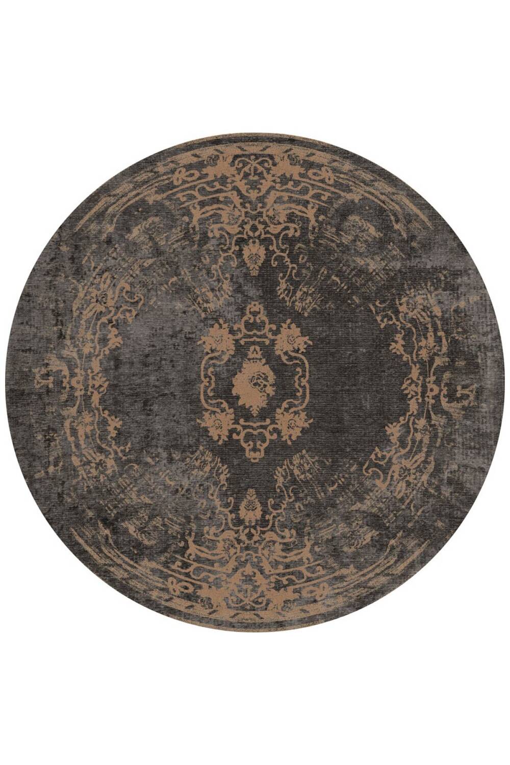 Vintage Desenli Yıkanabilir Pamuk Taban Dekoratif Yuvarlak Halı Antrasit - 1