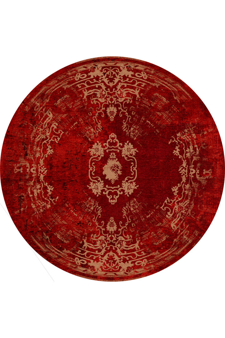 Vintage Desenli Yıkanabilir Pamuk Taban Dekoratif Yuvarlak Halı Kırmızı - Frenda