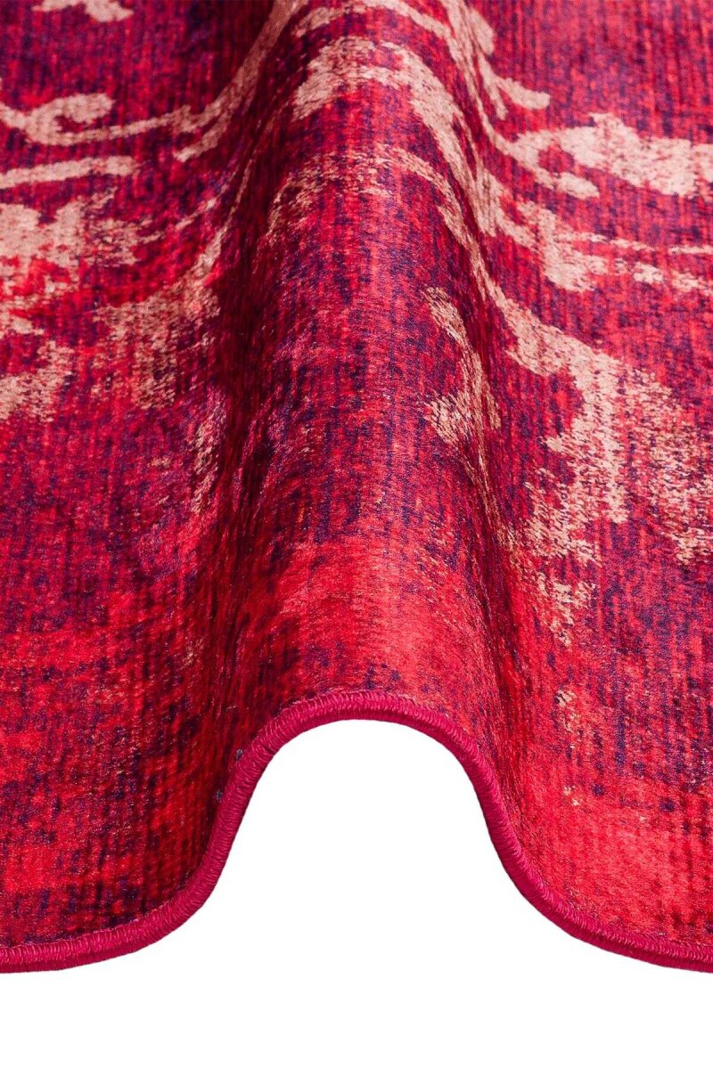 Vintage Desenli Yıkanabilir Pamuk Taban Dekoratif Yuvarlak Halı Kırmızı - Frenda (1)