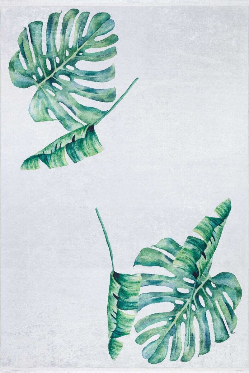 Yaprak Desenli Yıkanabilir Pamuk Taban Dekoratif Halı - Frenda