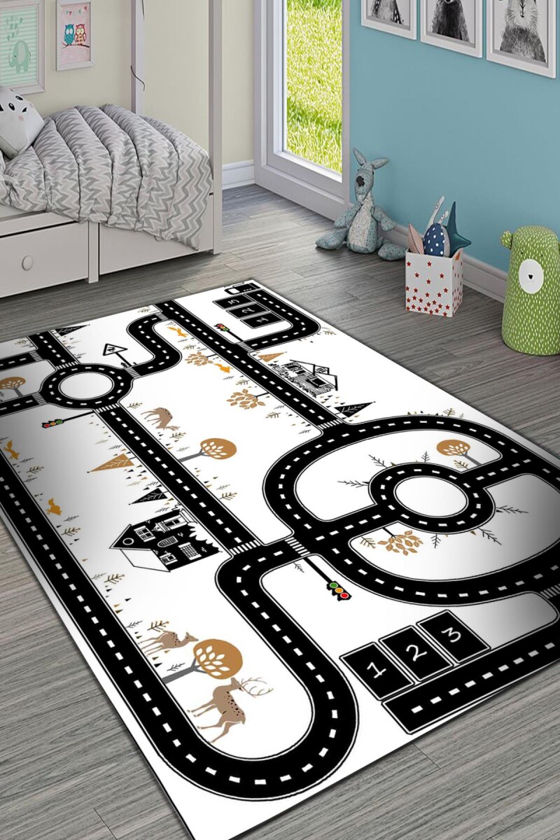 Yol Desenli Trafik Kaymaz Deri Taban Oyun Halısı Beyaz - Frenda