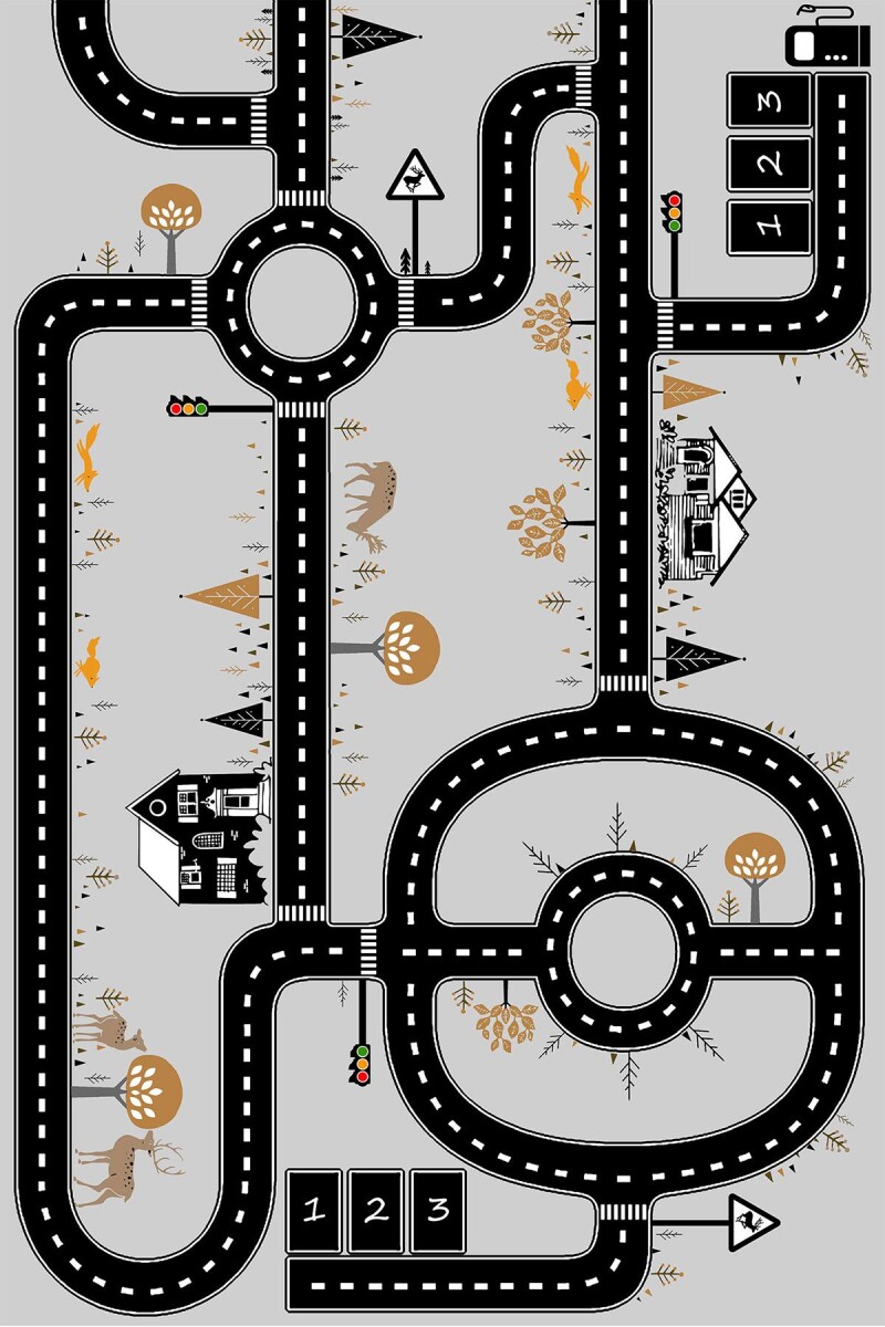 Yol Desenli Trafik Kaymaz Deri Taban Oyun Halısı Gri - Frenda (1)