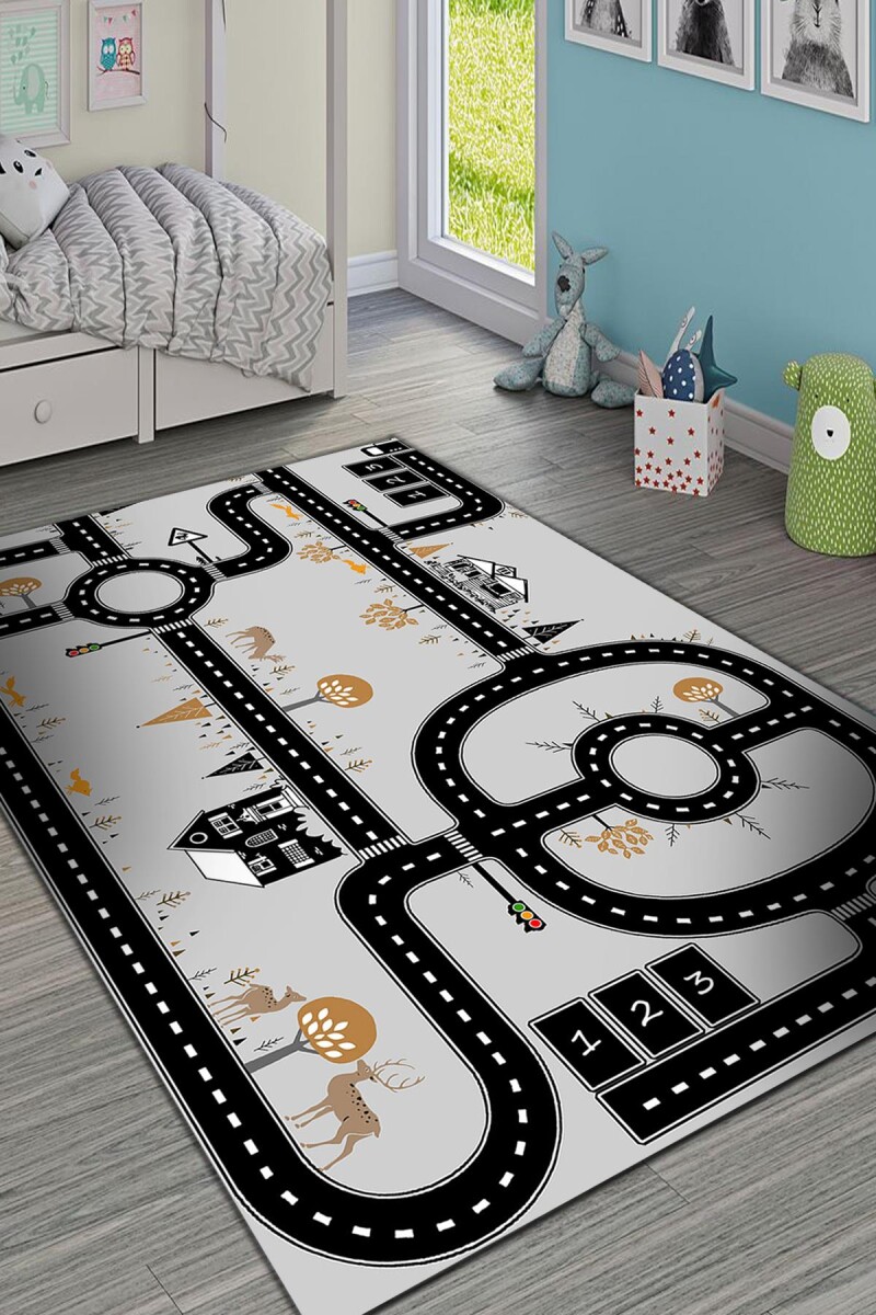 Yol Desenli Trafik Kaymaz Deri Taban Oyun Halısı Gri - Frenda